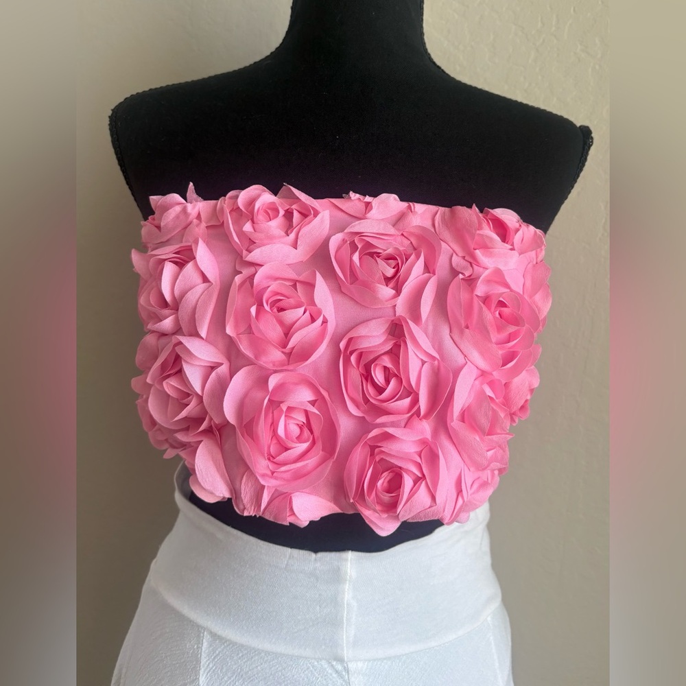 Pink Strapless Top with Floral Design